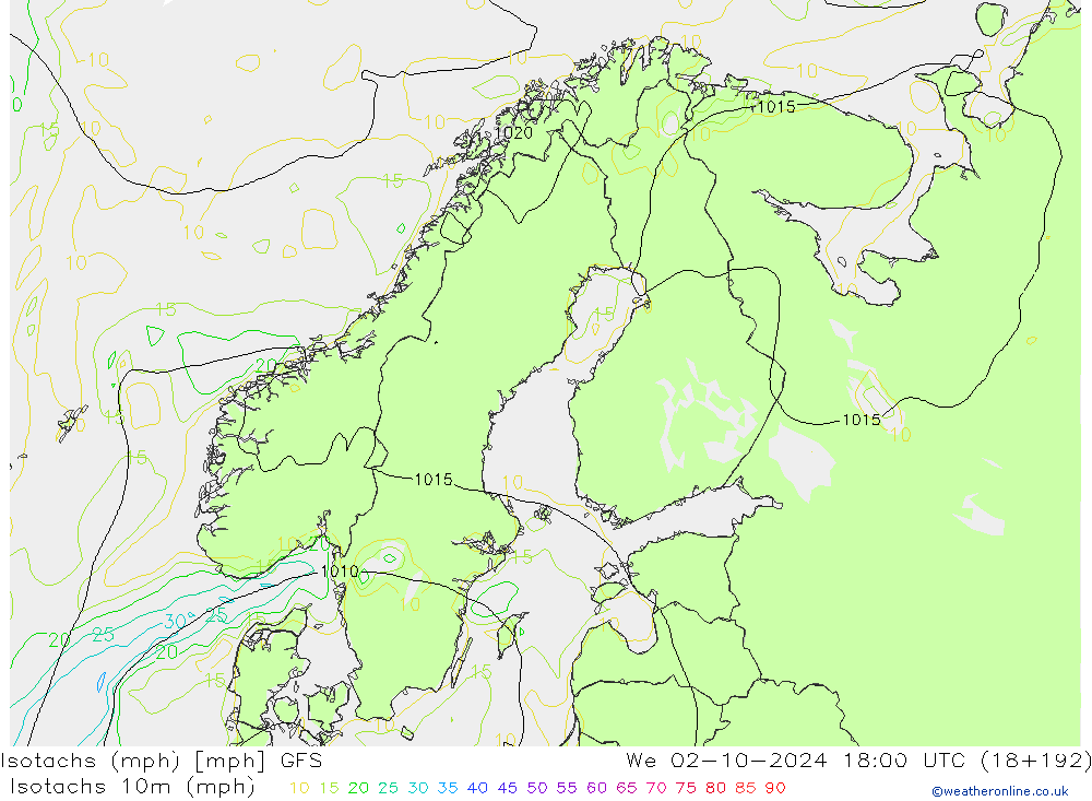 Isotachs (mph) GFS We 02.10.2024 18 UTC