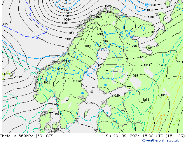 Theta-e 850hPa GFS Su 29.09.2024 18 UTC