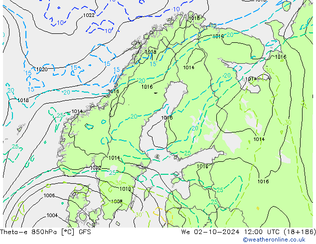 Theta-e 850hPa GFS mié 02.10.2024 12 UTC