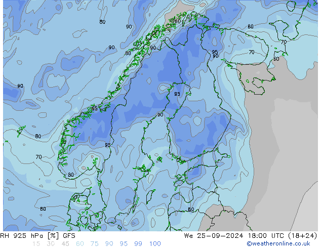 RH 925 hPa GFS We 25.09.2024 18 UTC