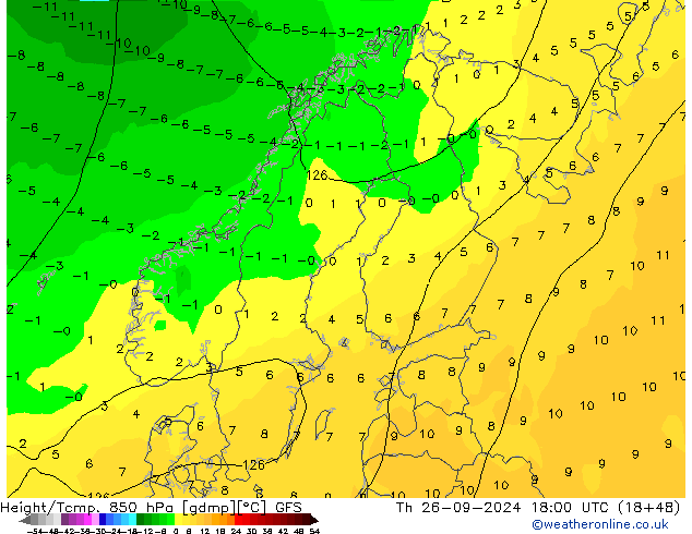 Height/Temp. 850 hPa GFS czw. 26.09.2024 18 UTC