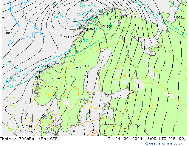 Theta-e 700hPa GFS Di 24.09.2024 18 UTC