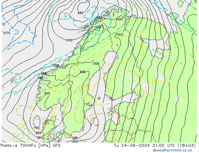 Theta-e 700hPa GFS wto. 24.09.2024 21 UTC