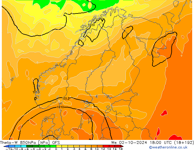 Theta-W 850hPa GFS mer 02.10.2024 18 UTC