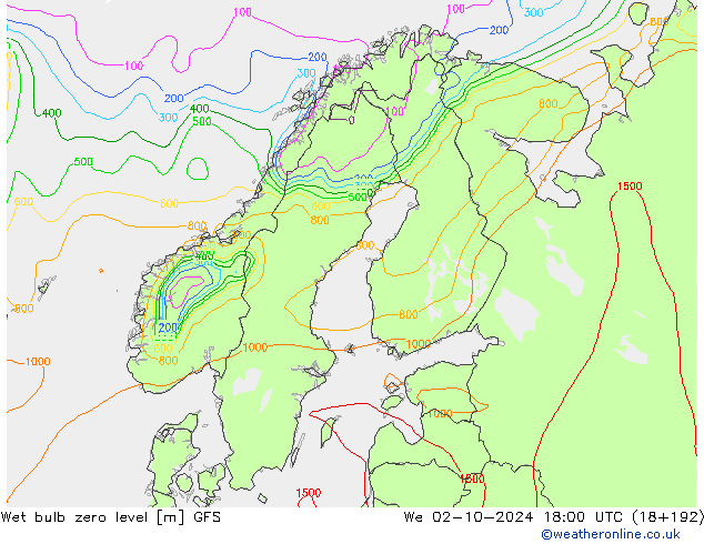 Wet bulb zero level GFS We 02.10.2024 18 UTC