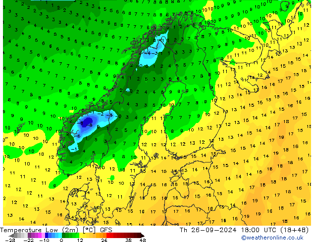 Nejnižší teplota (2m) GFS Čt 26.09.2024 18 UTC