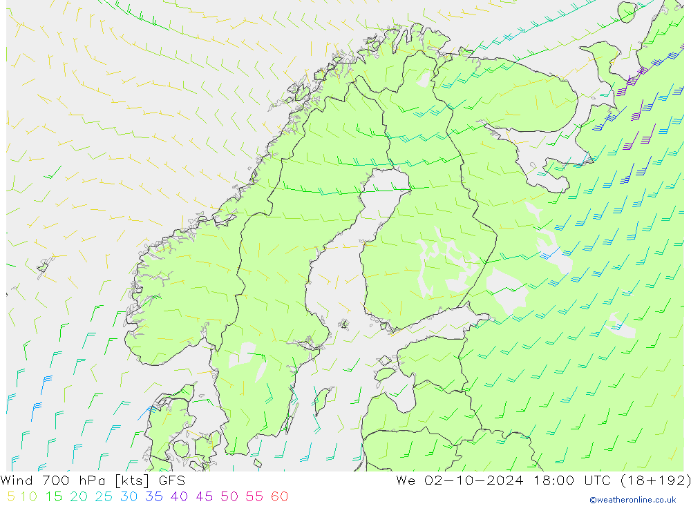 wiatr 700 hPa GFS śro. 02.10.2024 18 UTC