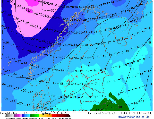 Hoogte/Temp. 500 hPa GFS vr 27.09.2024 00 UTC