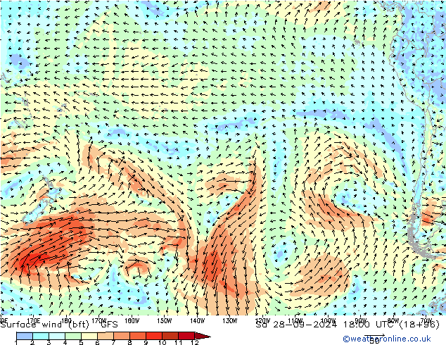 Rüzgar 10 m (bft) GFS Cts 28.09.2024 18 UTC