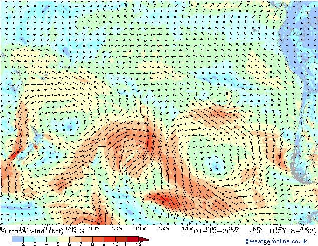 Surface wind (bft) GFS Tu 01.10.2024 12 UTC