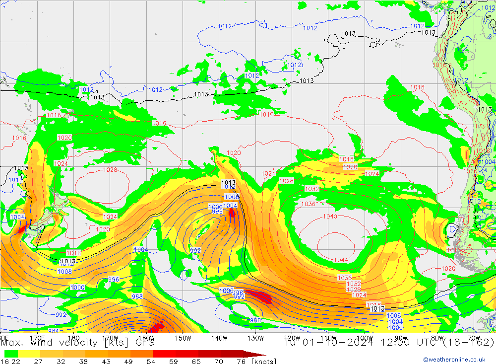 Max. wind velocity GFS вт 01.10.2024 12 UTC