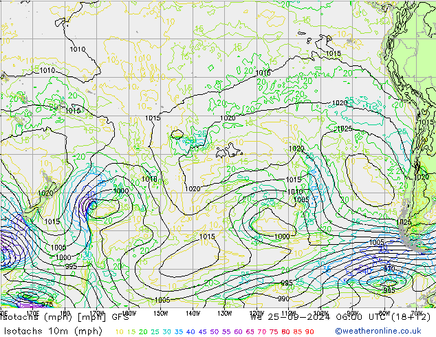 Isotachs (mph) GFS We 25.09.2024 06 UTC