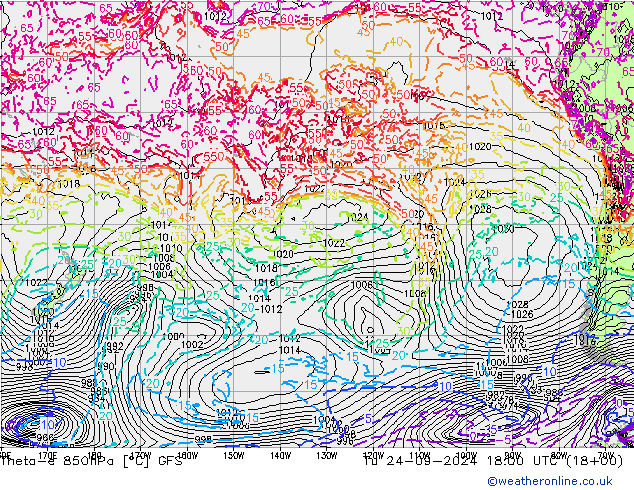 Theta-e 850hPa GFS Út 24.09.2024 18 UTC