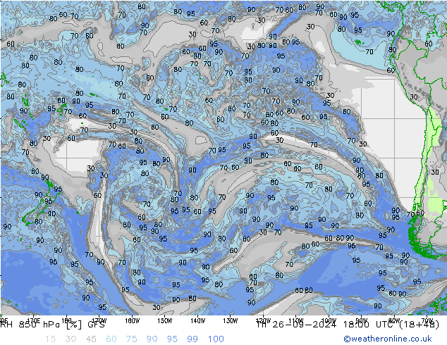 Humedad rel. 850hPa GFS jue 26.09.2024 18 UTC