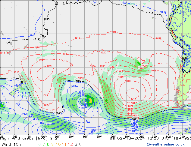 High wind areas GFS mer 02.10.2024 18 UTC