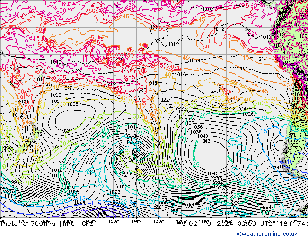 Theta-e 700hPa GFS Qua 02.10.2024 00 UTC