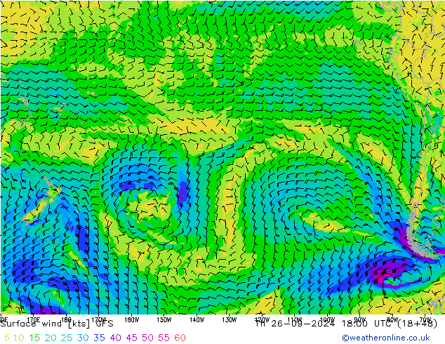 Viento 10 m GFS jue 26.09.2024 18 UTC