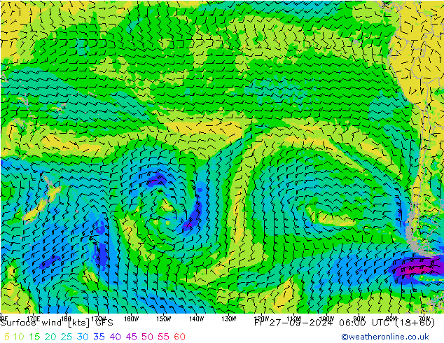 Viento 10 m GFS vie 27.09.2024 06 UTC