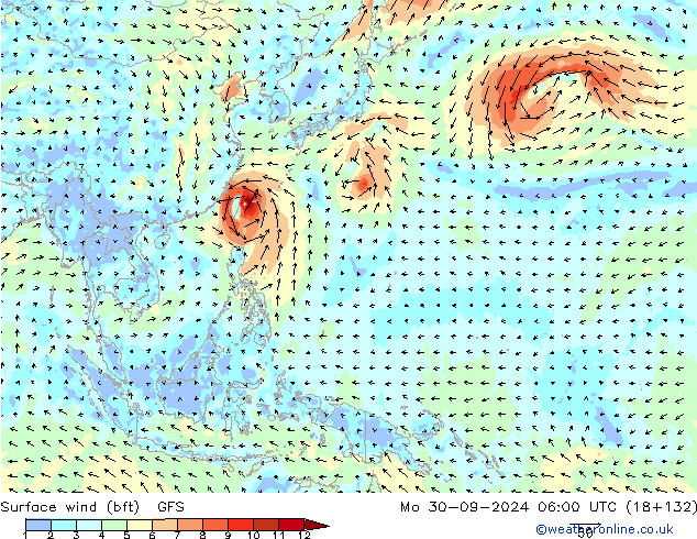 Surface wind (bft) GFS Mo 30.09.2024 06 UTC