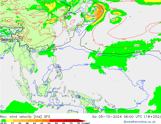 Max. wind velocity GFS so. 05.10.2024 06 UTC