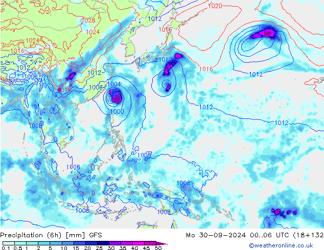 Totale neerslag (6h) GFS ma 30.09.2024 06 UTC