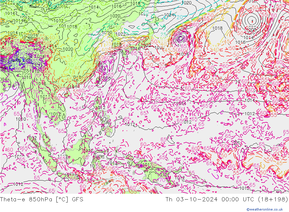 Theta-e 850hPa GFS Th 03.10.2024 00 UTC