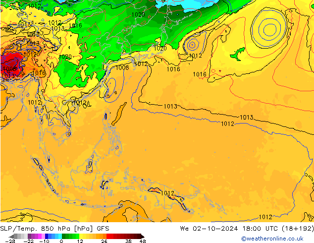 SLP/Temp. 850 hPa GFS We 02.10.2024 18 UTC