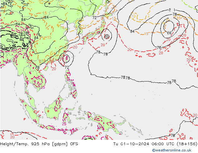 Height/Temp. 925 hPa GFS Tu 01.10.2024 06 UTC