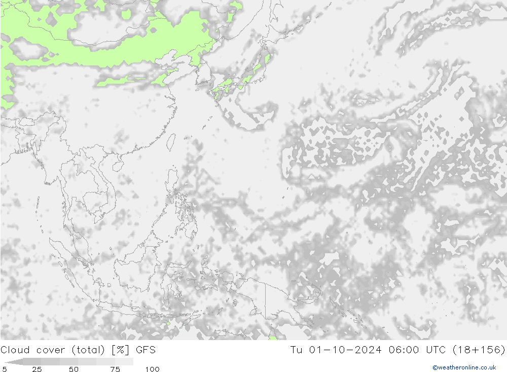 Cloud cover (total) GFS Út 01.10.2024 06 UTC