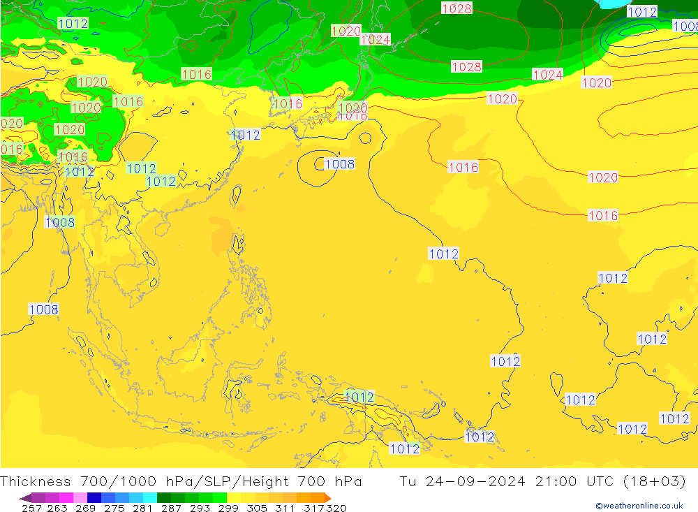 Thck 700-1000 hPa GFS  24.09.2024 21 UTC