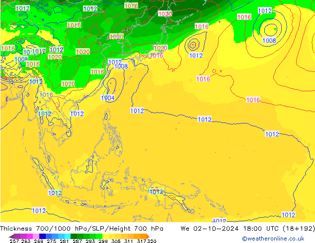 Thck 700-1000 hPa GFS śro. 02.10.2024 18 UTC
