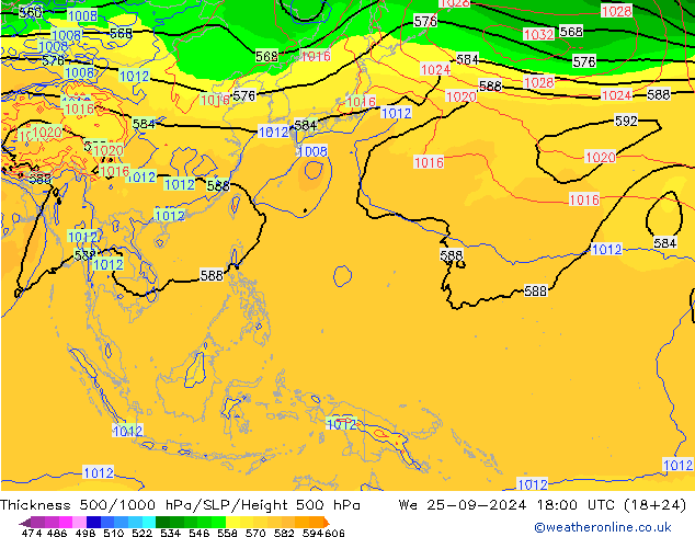 Espesor 500-1000 hPa GFS mié 25.09.2024 18 UTC