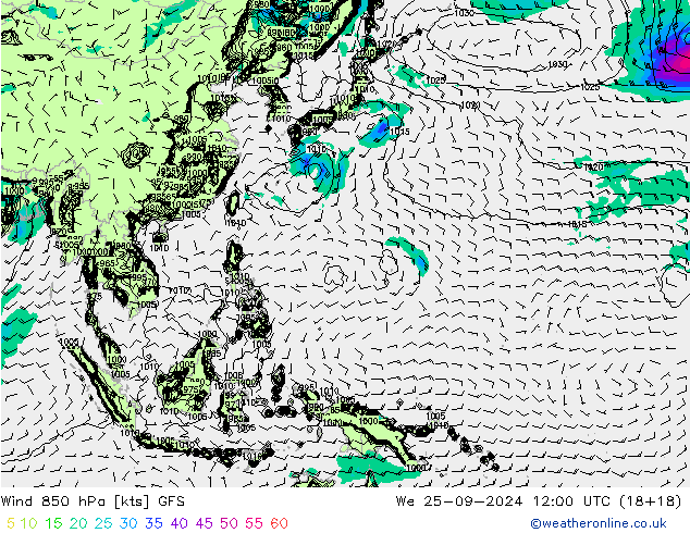 Vent 850 hPa GFS mer 25.09.2024 12 UTC