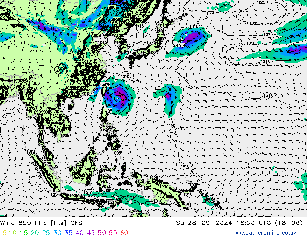 Wind 850 hPa GFS Sa 28.09.2024 18 UTC