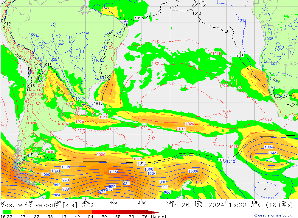 Max. wind velocity GFS czw. 26.09.2024 15 UTC