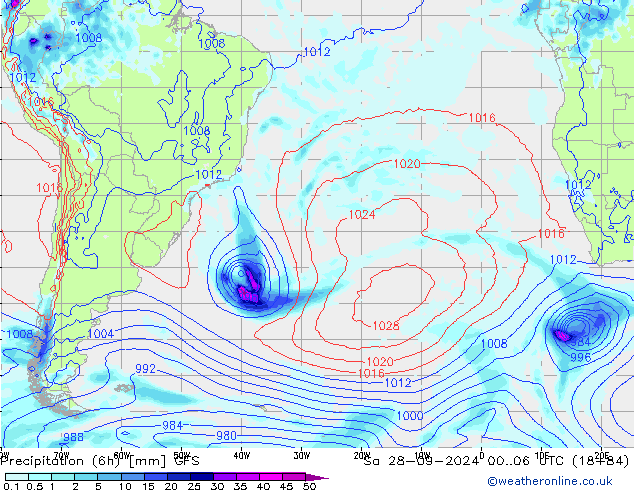 Precipitation (6h) GFS Sa 28.09.2024 06 UTC