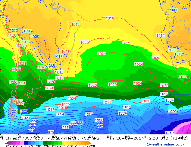 Espesor 700-1000 hPa GFS jue 26.09.2024 12 UTC