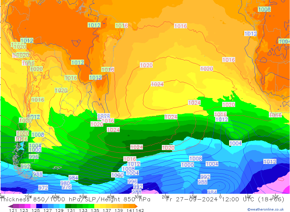 Thck 850-1000 hPa GFS pt. 27.09.2024 12 UTC