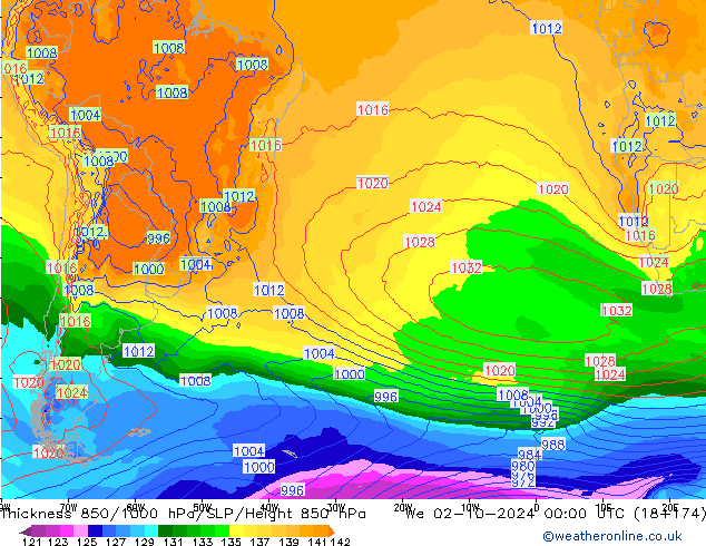 Thck 850-1000 hPa GFS We 02.10.2024 00 UTC