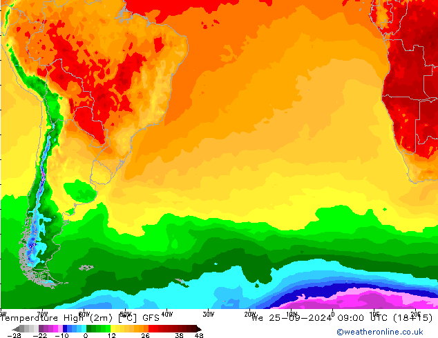 Nejvyšší teplota (2m) GFS St 25.09.2024 09 UTC