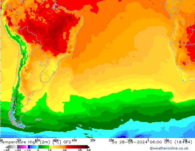 Max. Temperatura (2m) GFS so. 28.09.2024 06 UTC