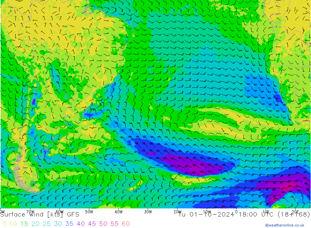 Surface wind GFS Tu 01.10.2024 18 UTC