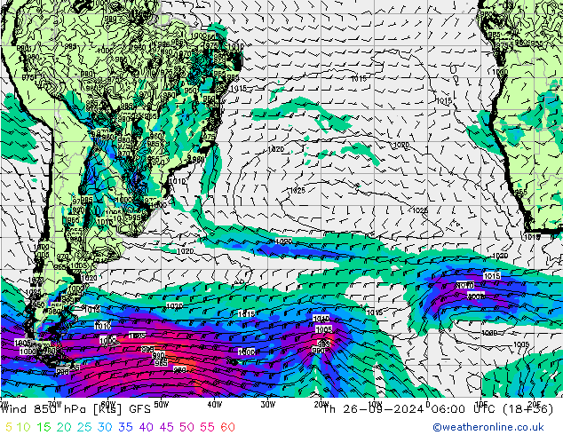 Wind 850 hPa GFS do 26.09.2024 06 UTC