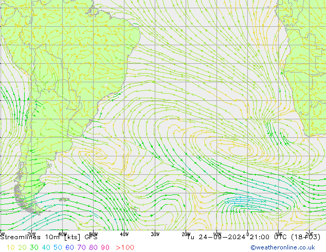 Linea di flusso 10m GFS mar 24.09.2024 21 UTC