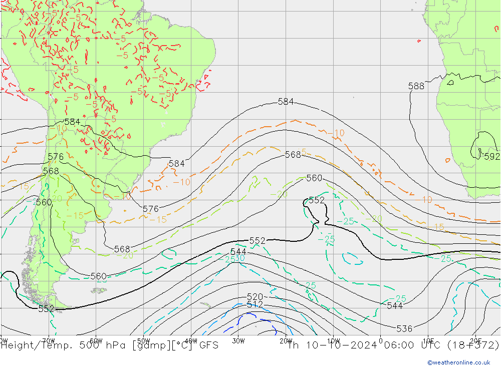 Height/Temp. 500 гПа GFS чт 10.10.2024 06 UTC