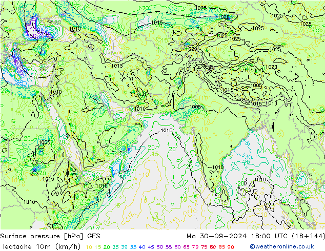 Isotachen (km/h) GFS Mo 30.09.2024 18 UTC