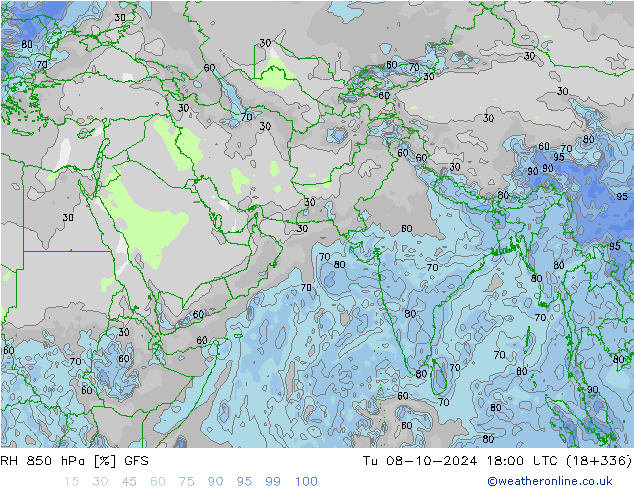 RH 850 hPa GFS Tu 08.10.2024 18 UTC