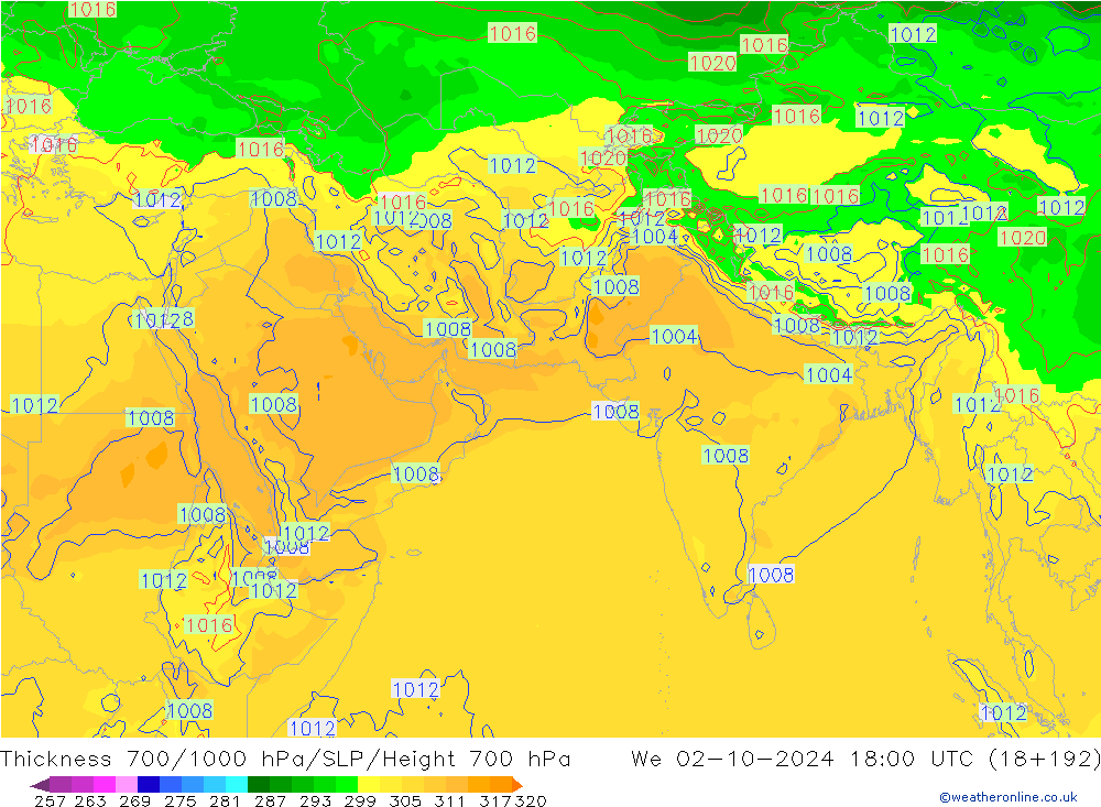 Thck 700-1000 hPa GFS Qua 02.10.2024 18 UTC