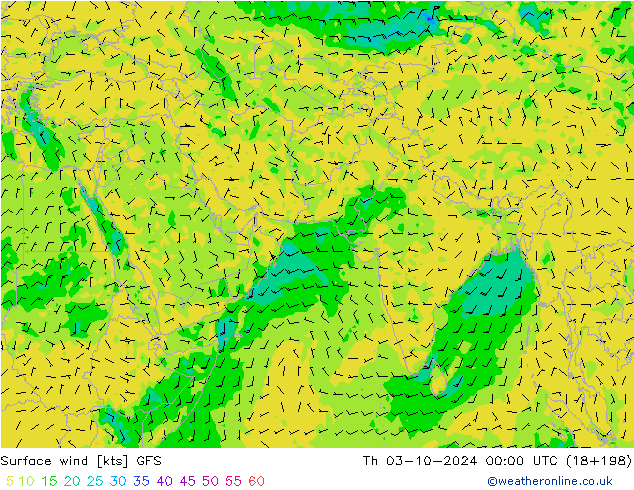 Vento 10 m GFS gio 03.10.2024 00 UTC