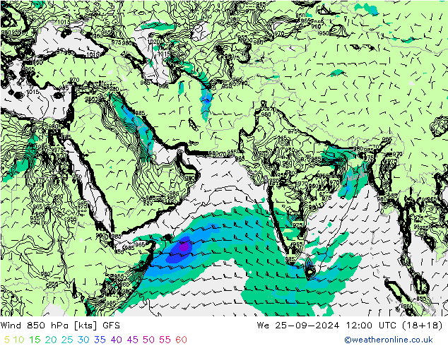 Viento 850 hPa GFS mié 25.09.2024 12 UTC